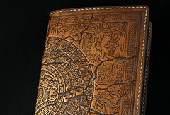Handmade leather men wallet Mayan solar calendar carved leather custom long wallet for men