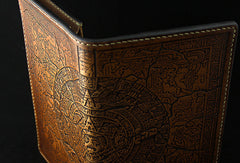 Handmade leather men wallet Mayan solar calendar carved leather custom long wallet for men