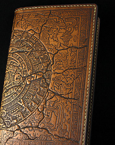 Handmade leather men wallet Mayan solar calendar carved leather custom long wallet for men - EverHandmade