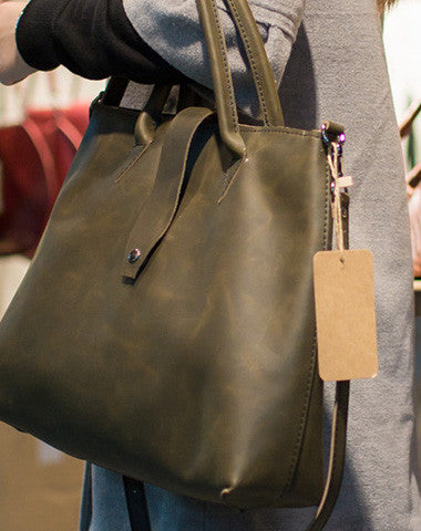 Handmade Leather big handbag dark green brown for women leather shoulder bag