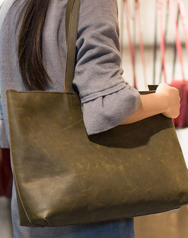 Handmade Leather vintage Big Large tote bag dark green for women leather shoulder bag - EverHandmade