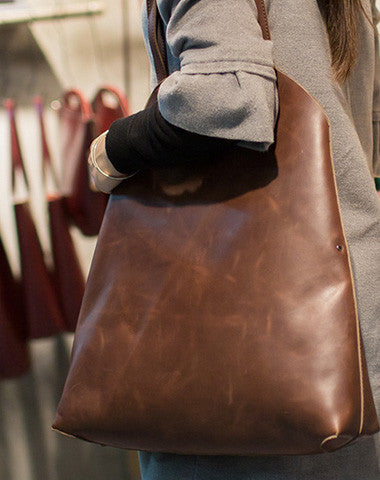 Handmade Leather vintage Large tote bags coffee for women leather shoulder bag - EverHandmade