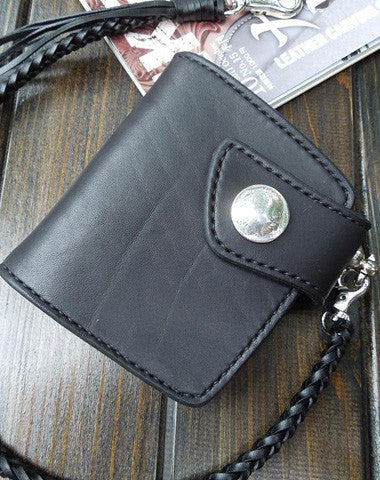 Handmade biker wallet trucker billfold chain leather trifold black leather billfold wallet for men - EverHandmade