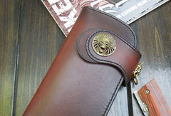 Handmade biker wallet red brown natural leather biker wallet chain bifold Long wallet for men
