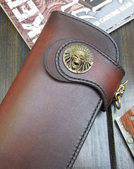 Handmade biker wallet red brown natural leather biker wallet chain bifold Long wallet for men