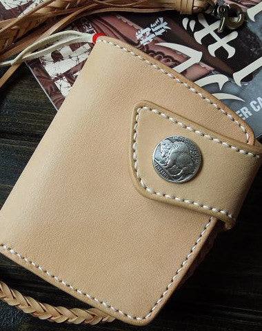 Handmade biker wallet leather biker wallet chain bifold beige billfold wallet for men - EverHandmade