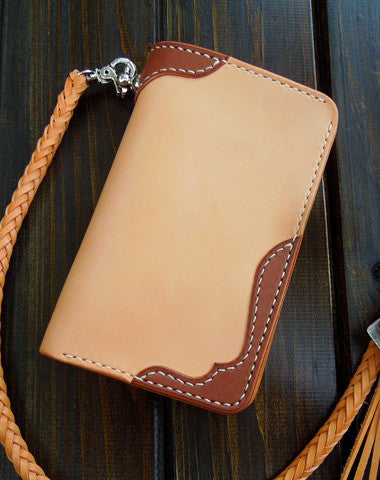 Handmade biker wallet chain beige leather bifold biker wallet billfold wallet purse for men - EverHandmade