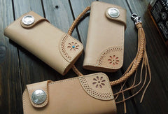 Handmade biker wallet chain beige leather bifold biker wallet Long wallet purse for men - EverHandmade
