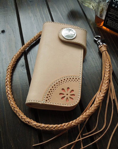 Handmade biker wallet chain beige leather bifold biker wallet Long wallet purse for men - EverHandmade