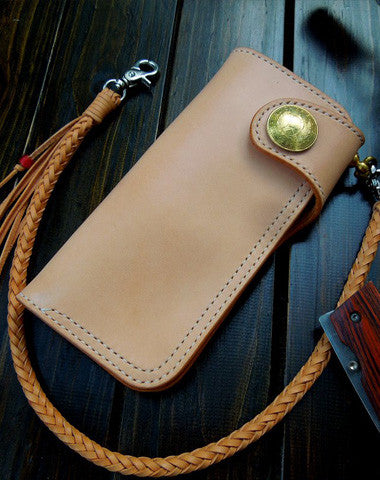 Handmade biker wallet chain beige leather bifold biker wallet Long wallet purse for men - EverHandmade