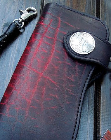 Handmade biker wallet black leather punk long trucker wallet chain bifold long wallet for men