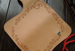 Handmade biker wallet carved bifold leather trucker wallet long floral wallet for men