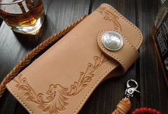 Handmade biker wallet carved bifold leather trucker wallet long floral wallet for men