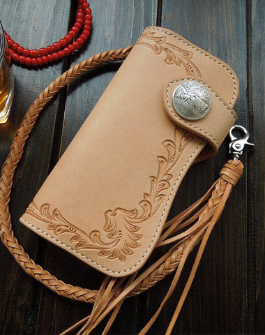 Handmade biker wallet carved bifold leather trucker wallet long floral wallet for men - EverHandmade