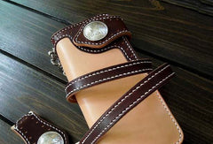 Handmade biker wallet beige coffee leather biker wallet chain bifold Long wallet for men - EverHandmade