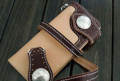 Handmade biker wallet beige coffee leather biker wallet chain bifold Long wallet for men - EverHandmade