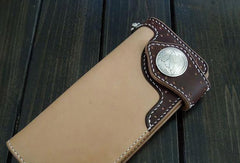 Handmade biker wallet beige coffee leather biker wallet chain bifold Long wallet for men - EverHandmade