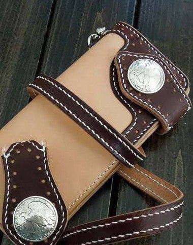 Handmade biker wallet beige coffee leather biker wallet chain bifold Long wallet for men