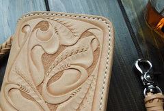 Handmade biker wallet carved trucker wallet chain leather long floral wallet for men