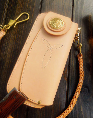 Handmade biker wallet chain beige leather bifold biker wallet Long wallet purse for men - EverHandmade