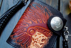 Handmade biker wallet leather carved black skull billfold biker wallet bifold purse for men - EverHandmade