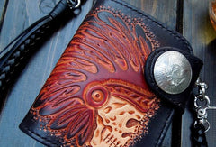 Handmade biker wallet leather carved black skull billfold biker wallet bifold purse for men