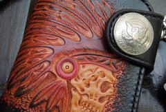 Handmade biker wallet leather carved black skull billfold biker wallet bifold purse for men