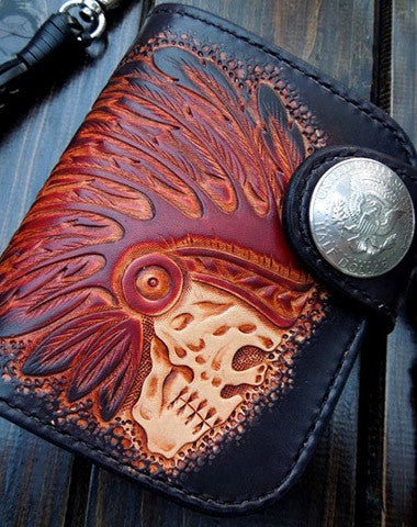 Handmade biker wallet leather carved black skull billfold biker wallet bifold purse for men