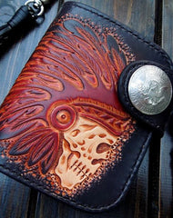 Handmade biker wallet leather carved black skull billfold biker wallet bifold purse for men - EverHandmade