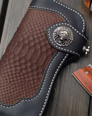 Handmade biker trucker wallet leather chain men boa skin coffee black wallet - EverHandmade