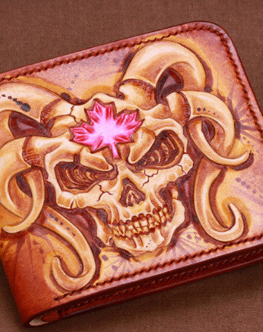 Handmade mens skull small leather wallet tooled carved billfold wallet for him