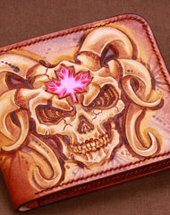 Handmade mens skull small leather wallet tooled carved billfold wallet for him - EverHandmade