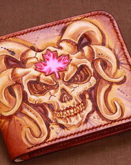 Handmade mens skull small leather wallet tooled carved billfold wallet for him