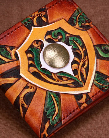 Handmade billfold leather wallet men tooled carved billfold wallet for him - EverHandmade