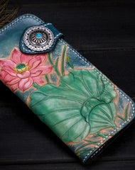 Handmade leather biker trucker blue lotus wallet leather chain men Black Tooled wallet - EverHandmade