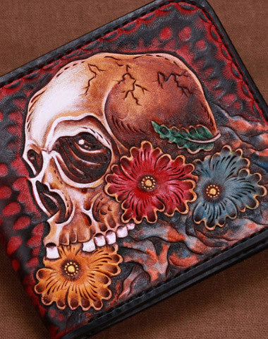 Handmade skull small leather wallet men tooled carved billfold wallet for him