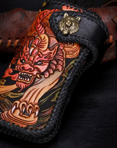 Handmade leather Long biker trucker wild Animal wallet leather chain men Black Carved Tooled wallet - EverHandmade