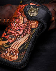 Handmade leather Long biker trucker wild Animal wallet leather chain men Black Carved Tooled wallet - EverHandmade