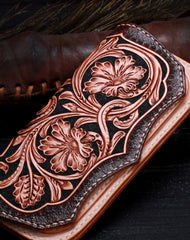 Handmade leather Beige Black floral wallet leather women men Long Wallet clutch Tooled wallet - EverHandmade