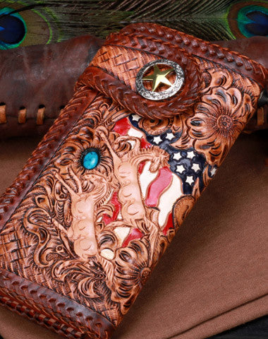 Handmade leather American horses biker trucker eagle wallet leather chain men Black Tooled wallet - EverHandmade