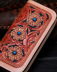 Handmade leather beige floral wallet leather zip women clutch Tooled Long wallet men