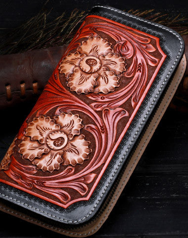 Handmade leather Long black floral wallet leather zip Men clutch Tooled wallet - EverHandmade