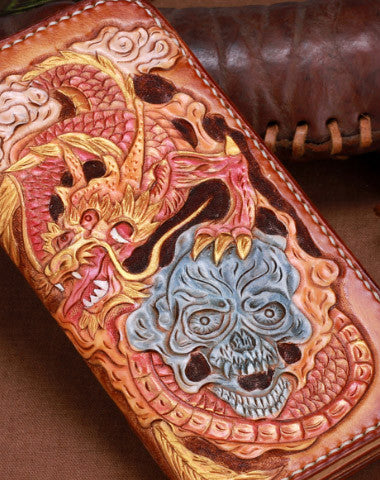 Handmade leather brown skull wallet leather long men clutch Tooled wallet - EverHandmade