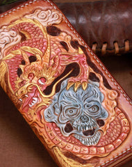 Handmade leather brown skull wallet leather long men clutch Tooled wallet - EverHandmade