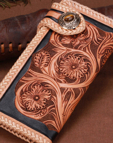 Handmade leather biker trucker beige black floral wallet leather chain men Black Tooled wallet