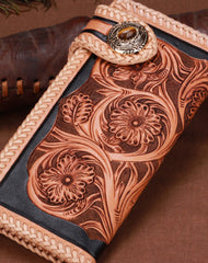 Handmade leather biker trucker beige black floral wallet leather chain men Black Tooled wallet