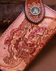 Handmade leather biker trucker brown lion wallet leather chain men Black Tooled wallet