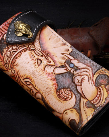 Handmade leather biker trucker Long Ganesha wallet leather chain men Brown Tooled wallet - EverHandmade