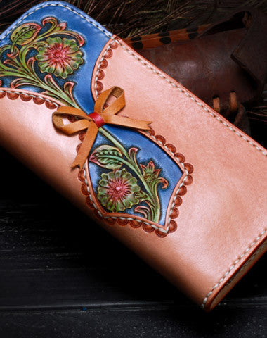 Handmade leather blue beige flowers wallet leather zip women clutch Tooled wallet