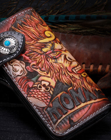 Handmade Long leather biker trucker Monkey King wallet leather chain men Brown Tooled wallet - EverHandmade